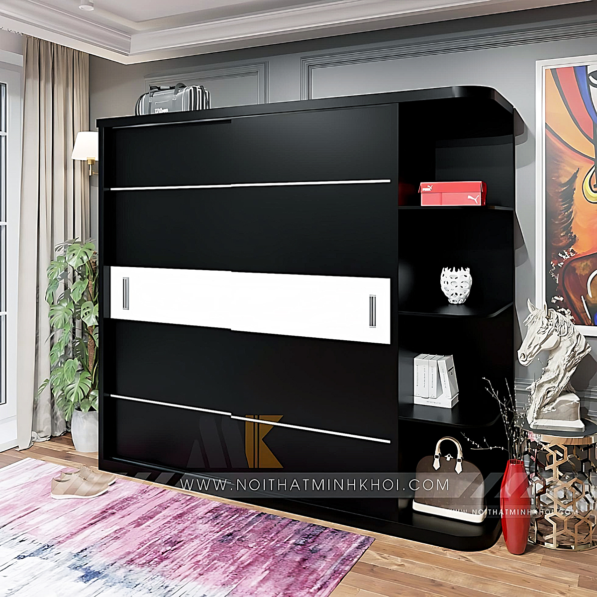 Tủ Áo Cửa Lùa MDF Màu Đen Có Kệ Trang Trí - TA665