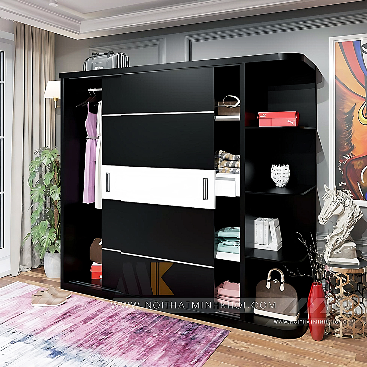 Tủ Áo Cửa Lùa MDF Màu Đen Có Kệ Trang Trí - TA665