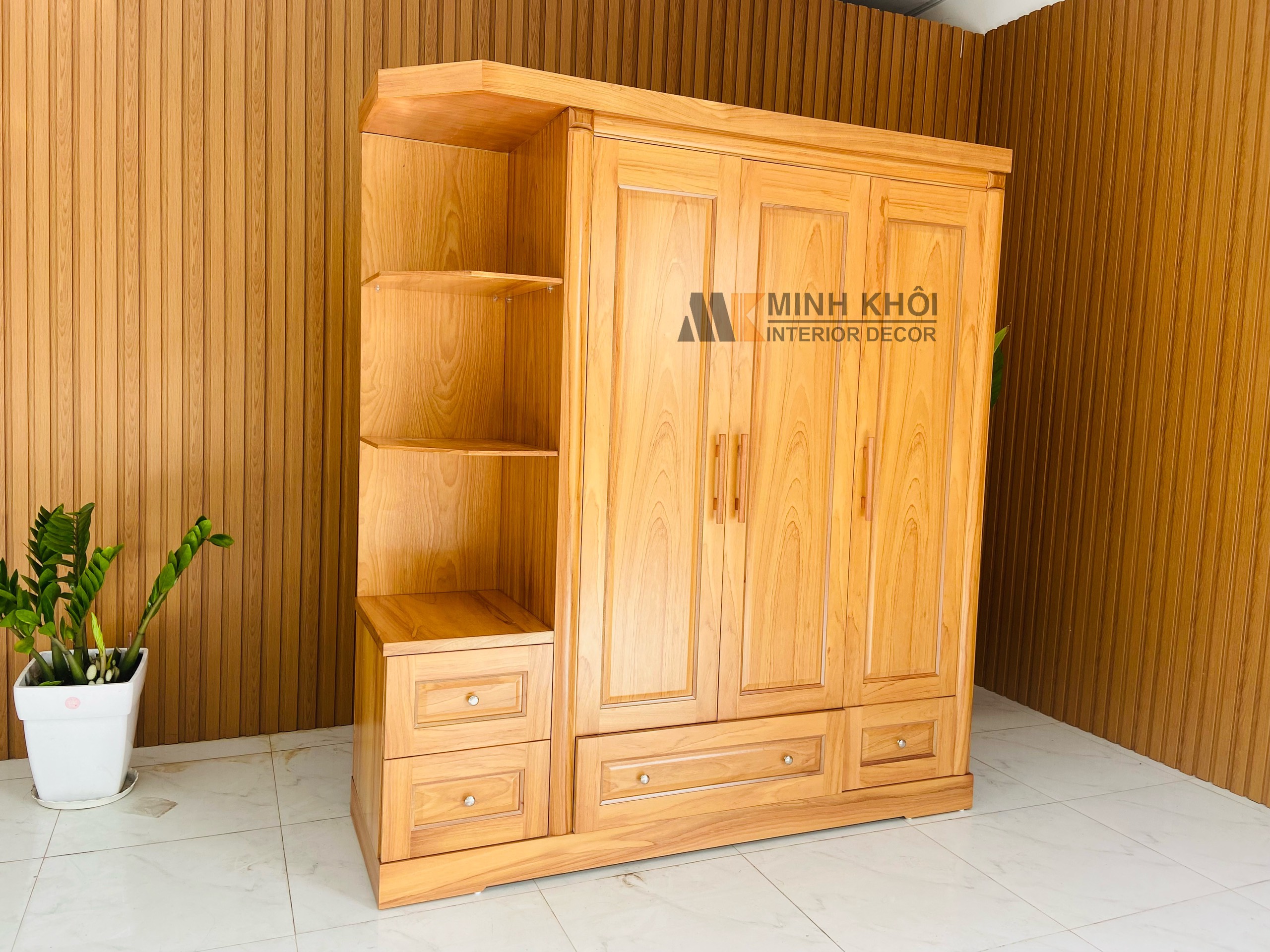 Tủ Áo Gõ Đỏ 3 Cánh Có Kệ Trang Trí - TA277
