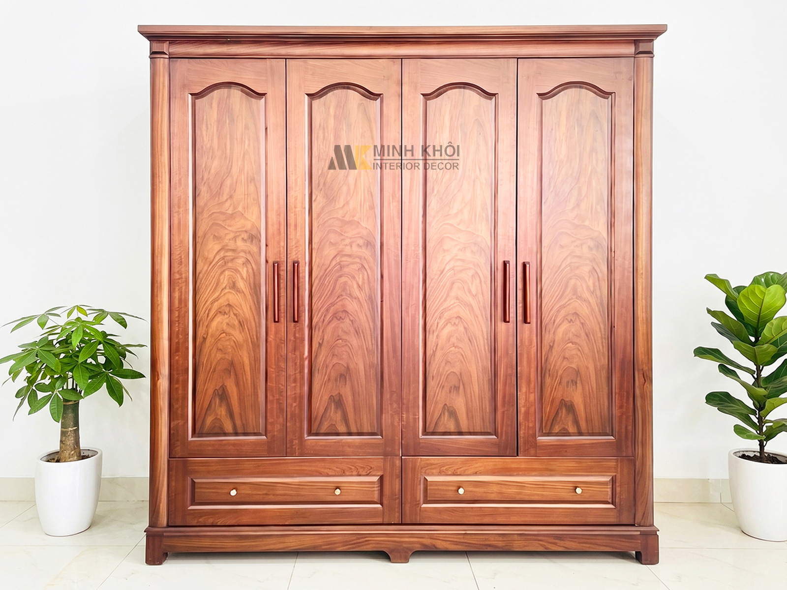Tủ Áo Gỗ Sồi Màu Óc Chó 4 Cánh Hiện Đại - TA095