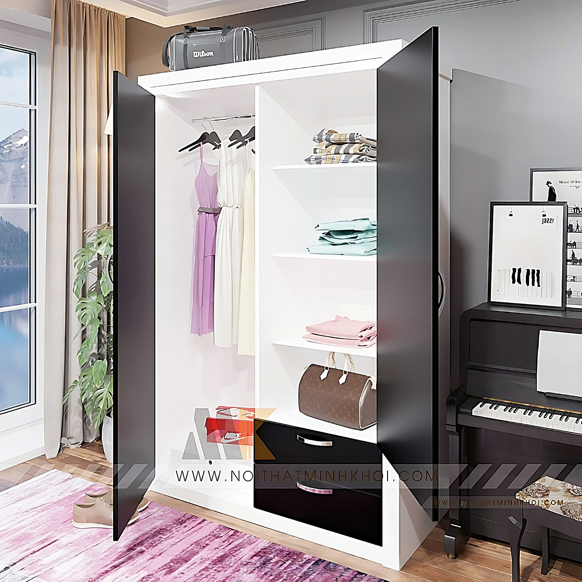 Tủ Áo MDF 2 Cánh Hiện Đại Đen Trắng - TA644