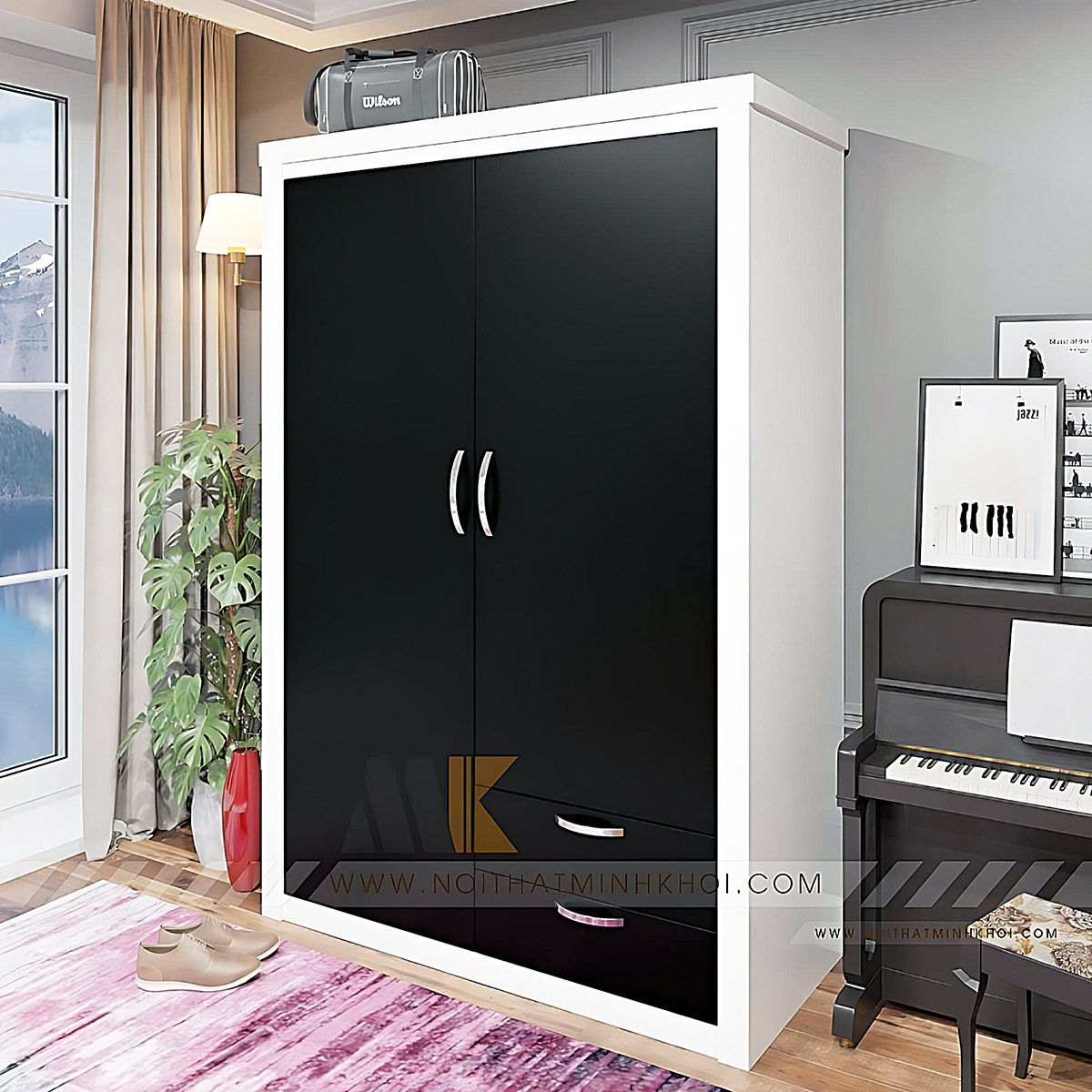 Tủ Áo MDF 2 Cánh Hiện Đại Đen Trắng - TA644