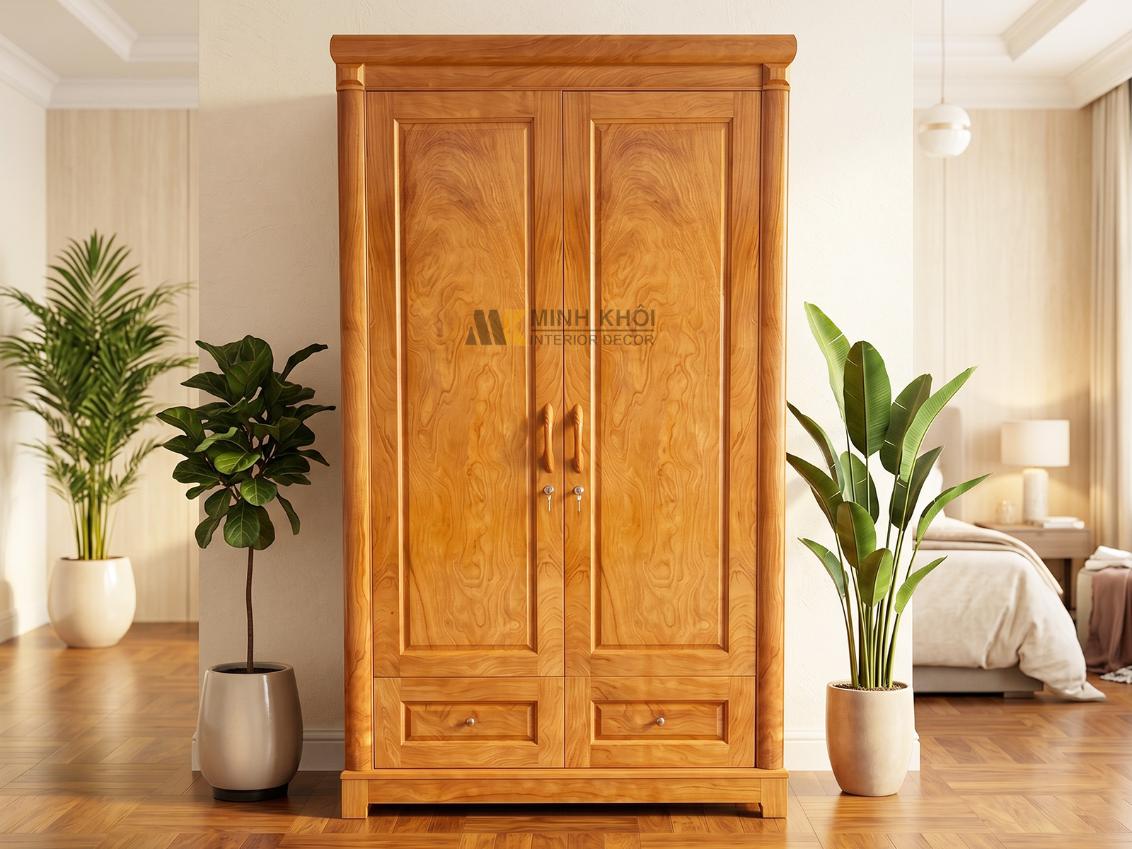 Tủ Quần Áo Gỗ Phủ Gõ Đỏ 2 Cánh Hiện Đại - TA211