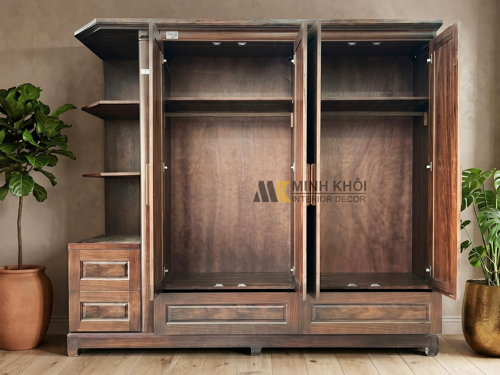 Tủ Quần Áo Gỗ Sồi Phủ Óc Chó 4 Cánh Có Kệ Trang Trí – TA860