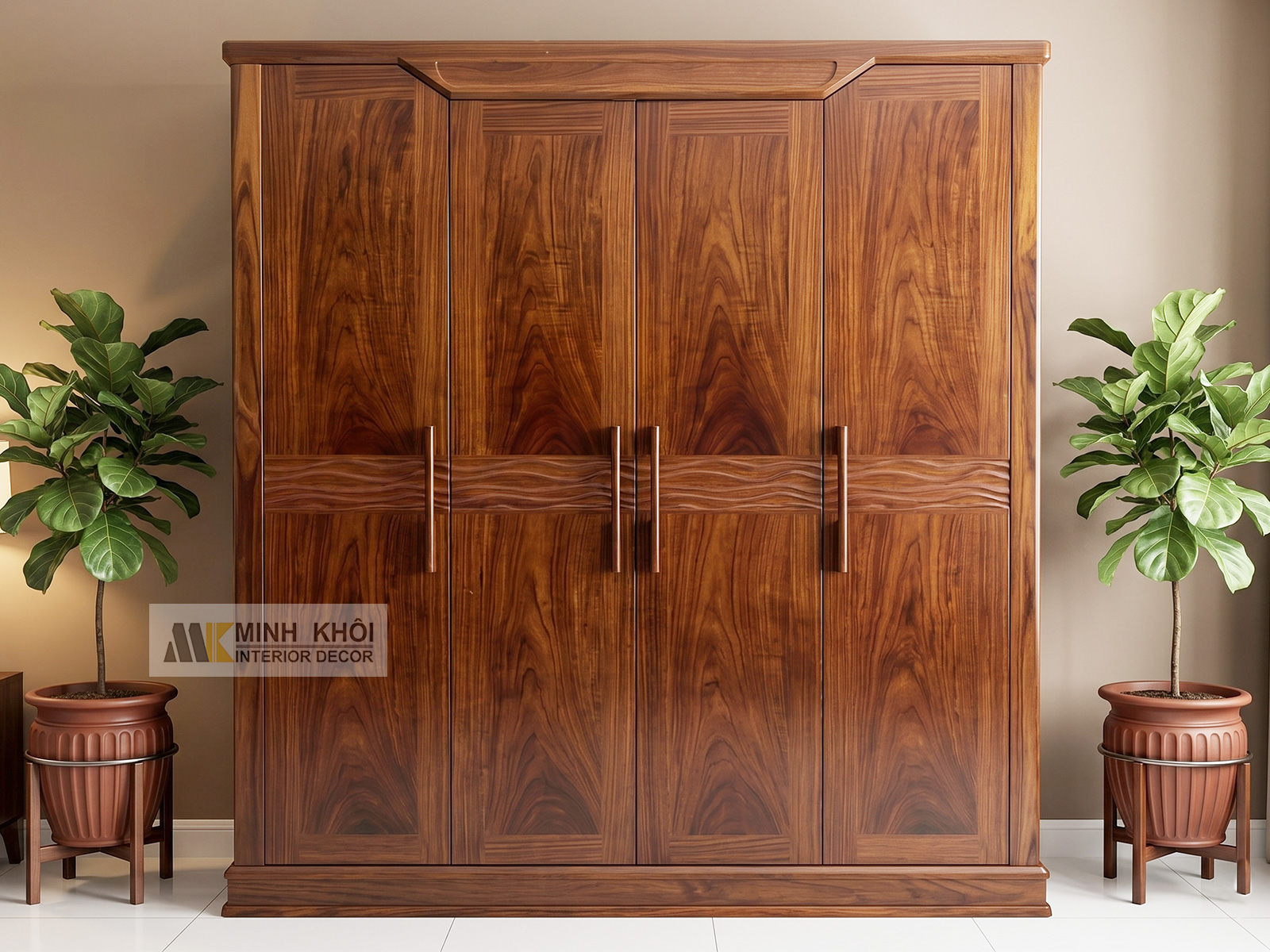 Tủ Quần Áo 4 Cánh Sóng Gỗ Sồi Phủ Óc Chó - TA928