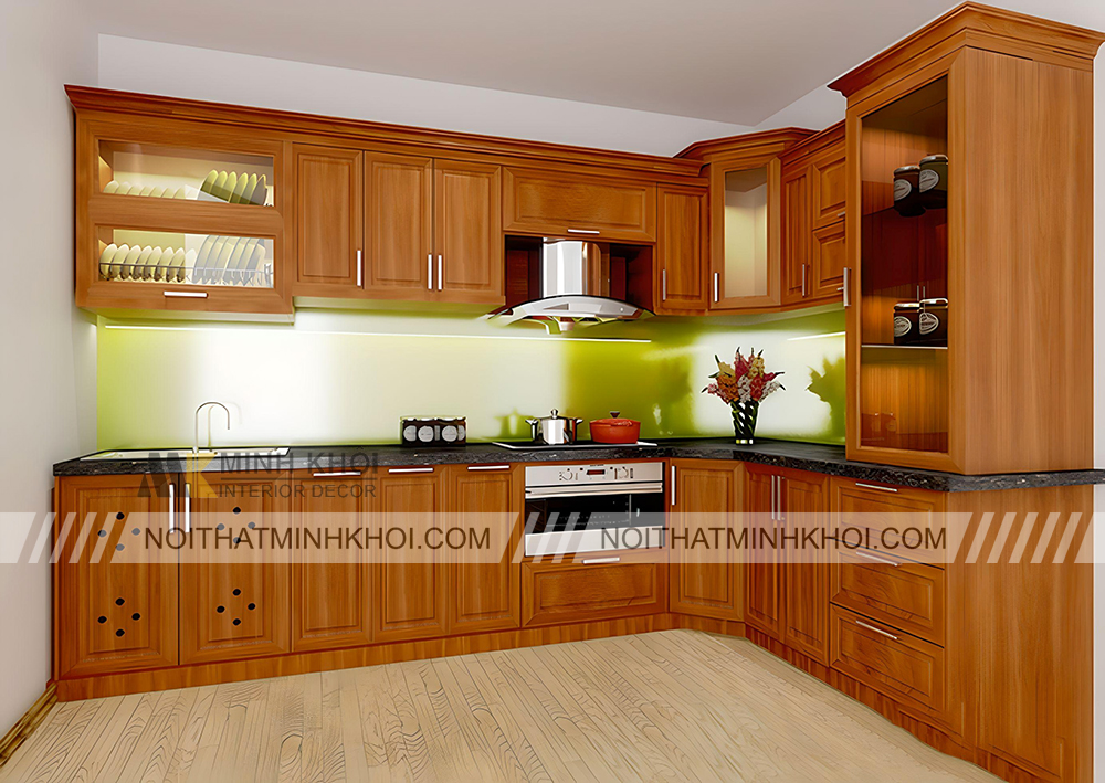 Tủ bếp chữ L gỗ xoan đào đơn giản - TB2007