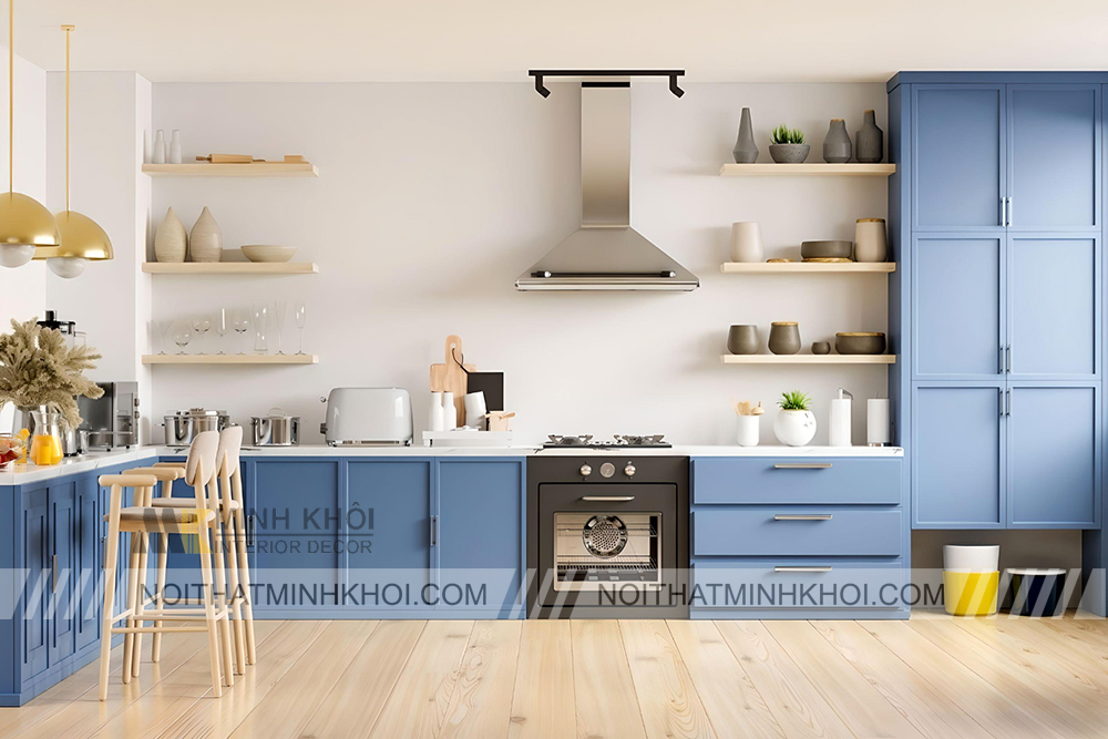 Tủ bếp chữ L màu xanh biển
