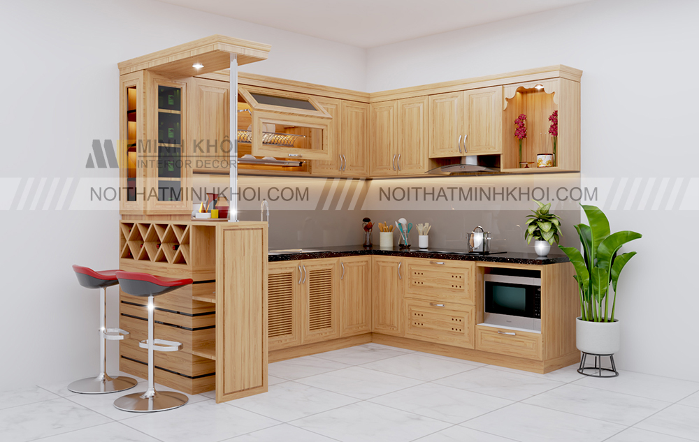 Tủ bếp chữ U kết hợp với quầy bar