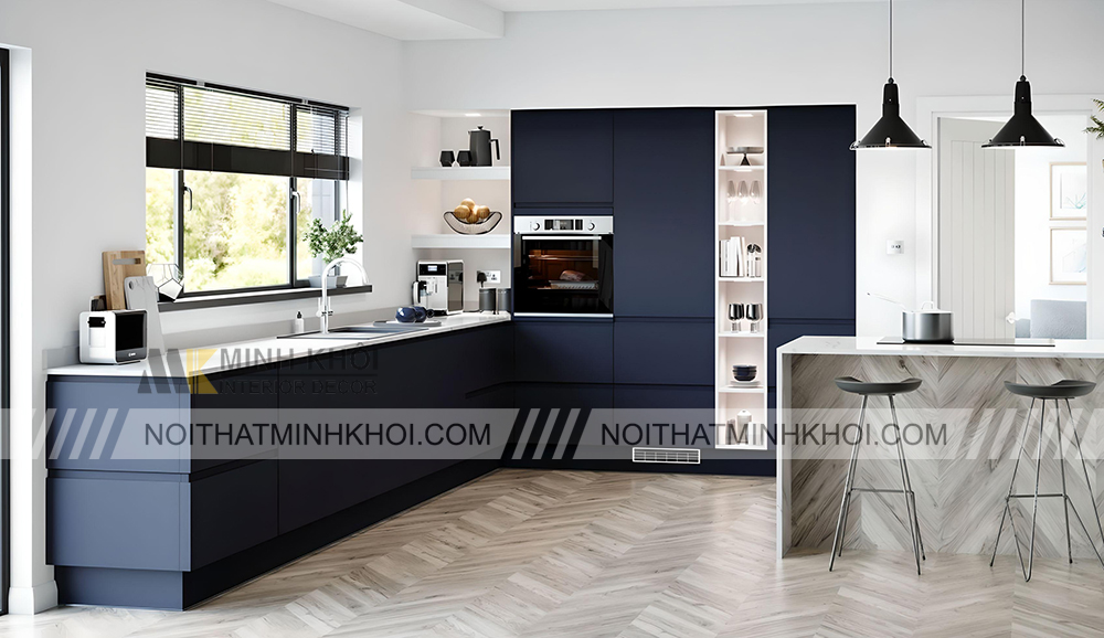 Tủ bếp đơn giản màu xanh đen