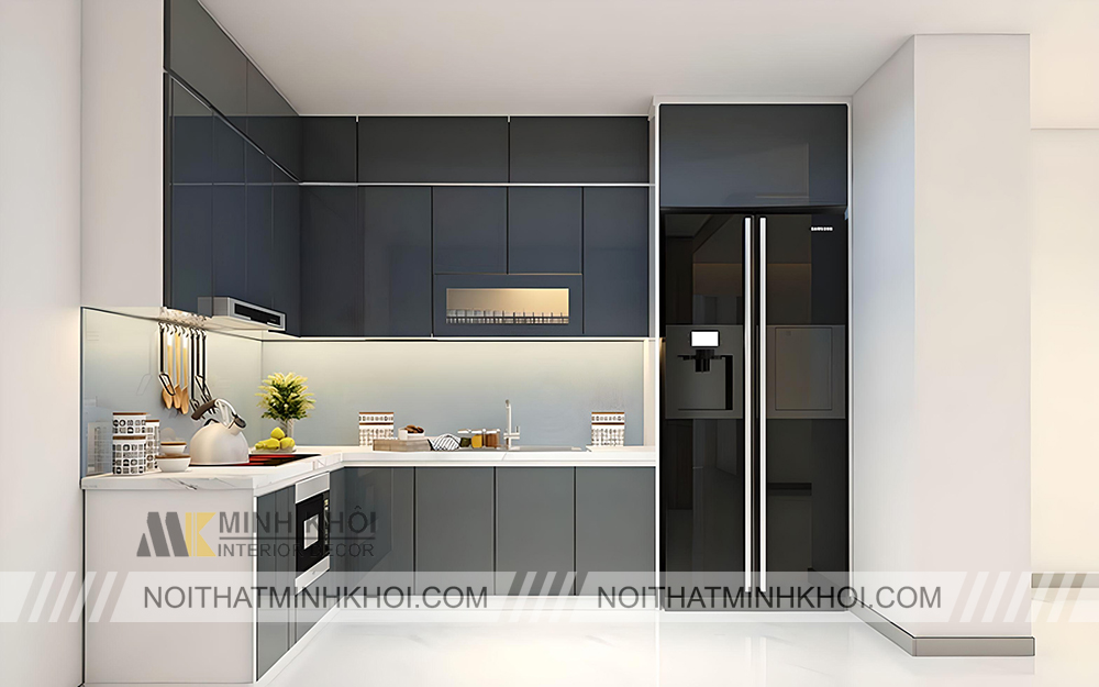 Tủ bếp gỗ MDF phủ acrylic màu xám tro - TB2231