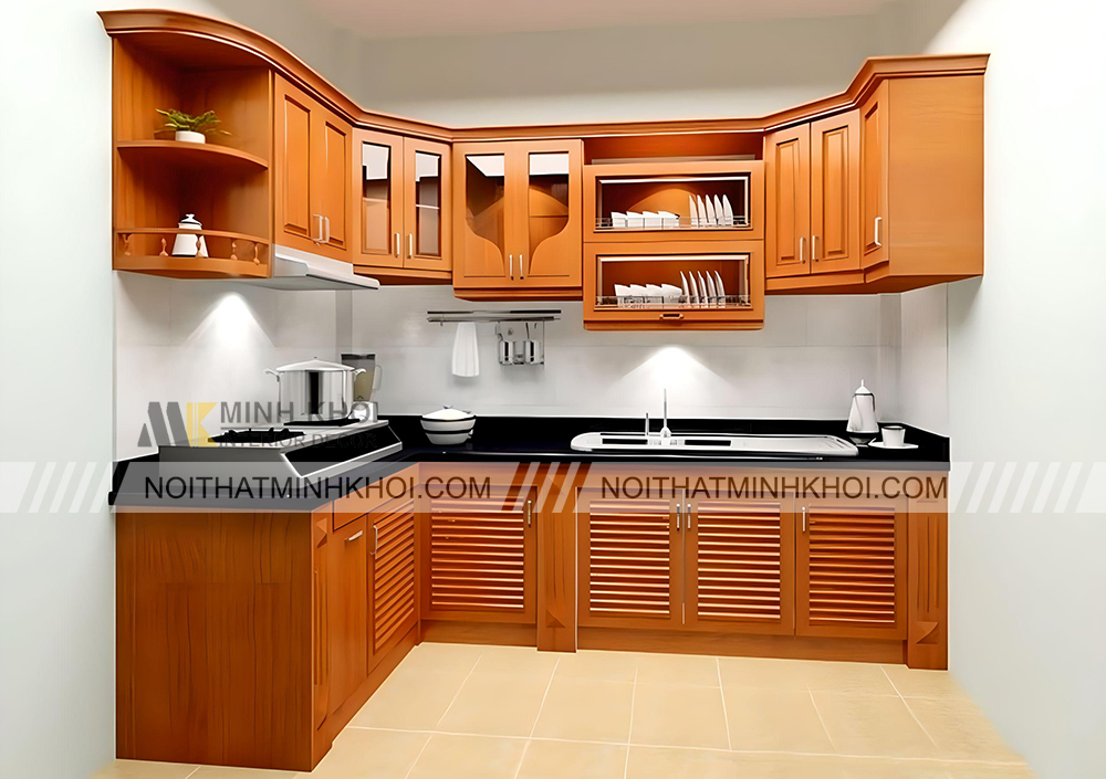 Tủ bếp gỗ xoan đào chữ L mặt đá - TB2015
