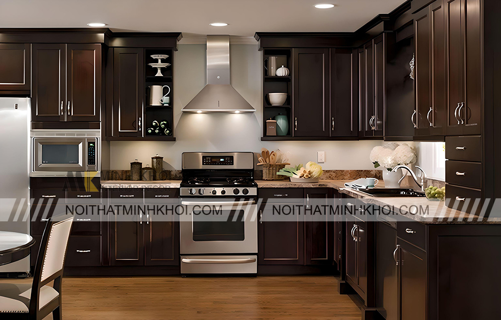 Tủ bếp gỗ xoan đào chữ L màu nâu mặt kính - TB2011