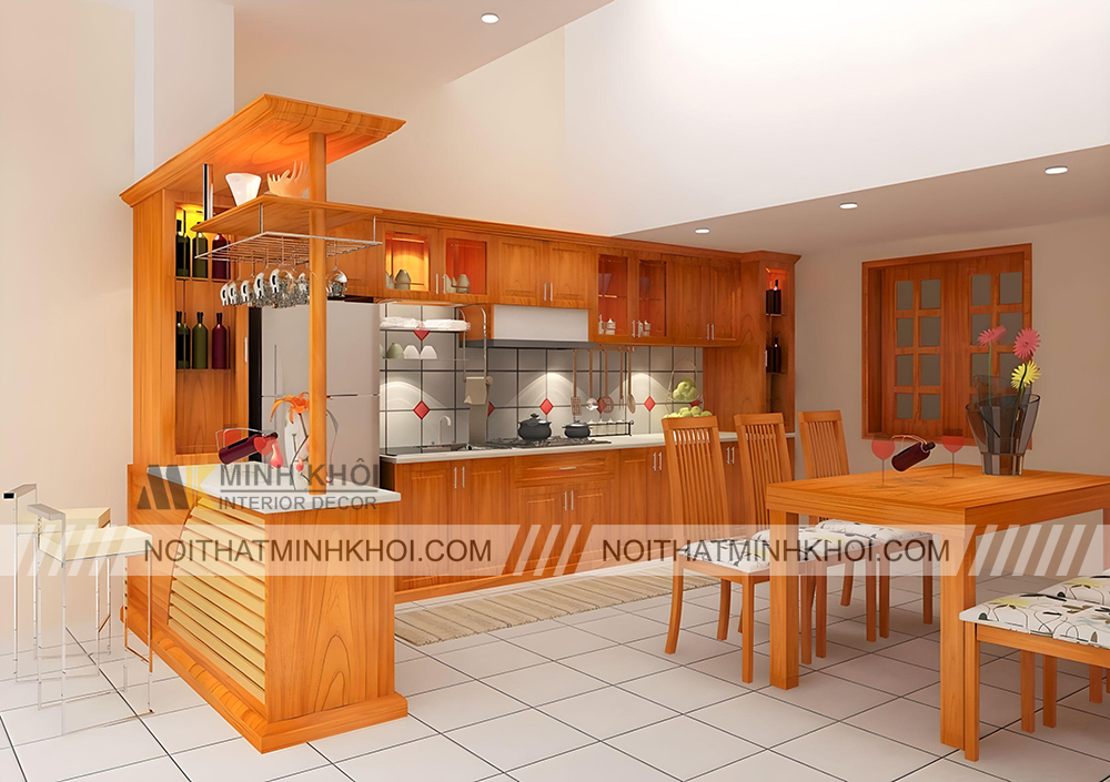 Tủ bếp gỗ xoan đào quầy bar chữ L - TB2020