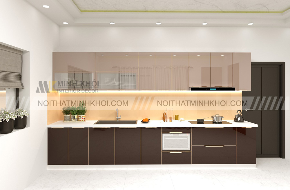 Tủ bếp inox cánh kính chữ I