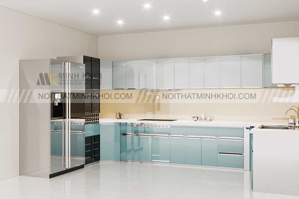 Tủ bếp inox cánh kính chữ U