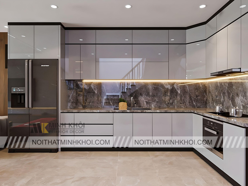 Tủ bếp inox cánh kính đơn giản