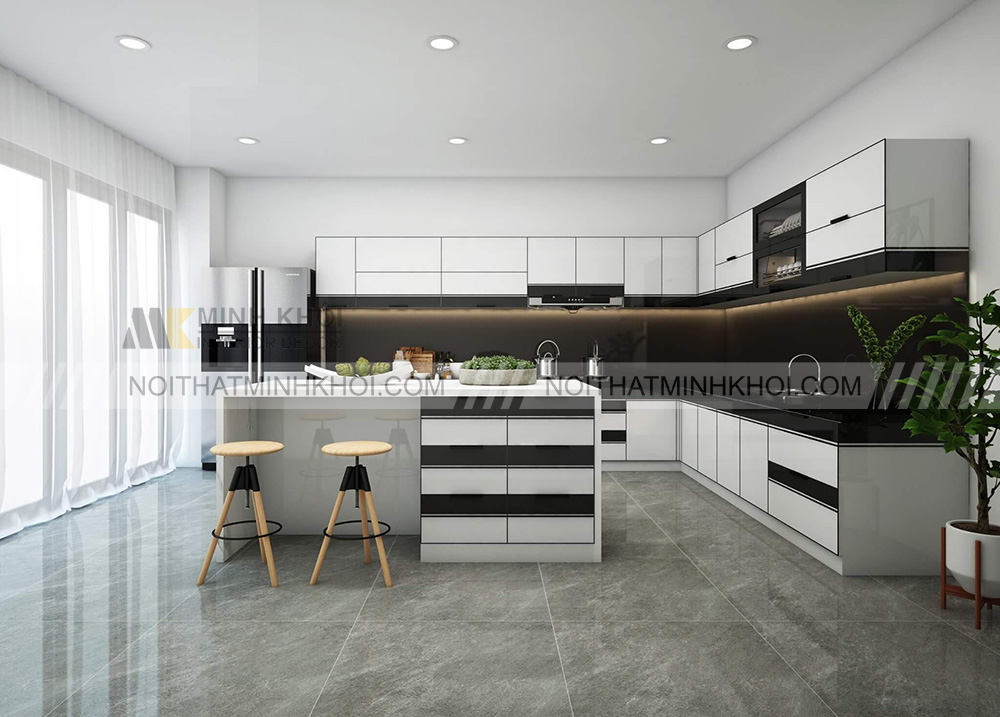 Tủ bếp inox cánh kính kết hợp bàn đảo