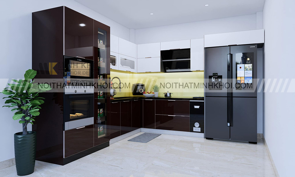 Tủ bếp inox cánh kính tích hợp các thiết bị thông minh
