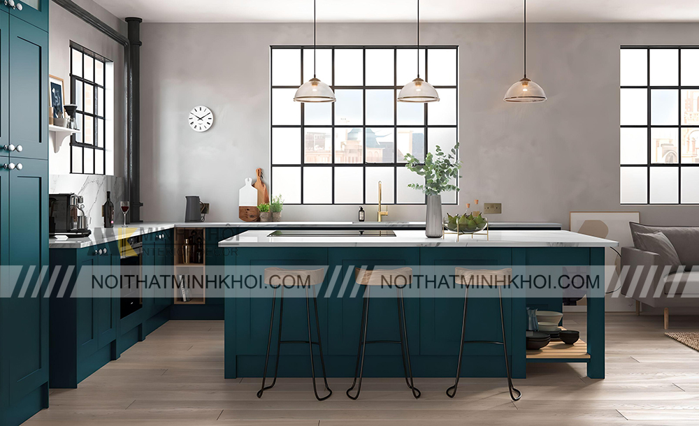 Tủ bếp màu xanh cổ vịt