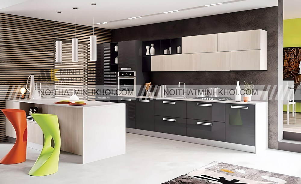 Tủ bếp MDF phủ acrylic xám trắng hiện đại - TB3864