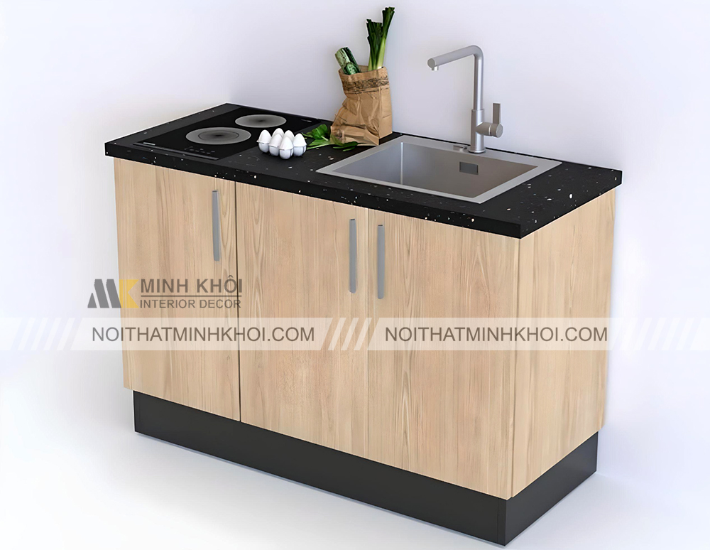Tủ bếp mini cho phòng trọ bằng gỗ thiết kế đơn giản