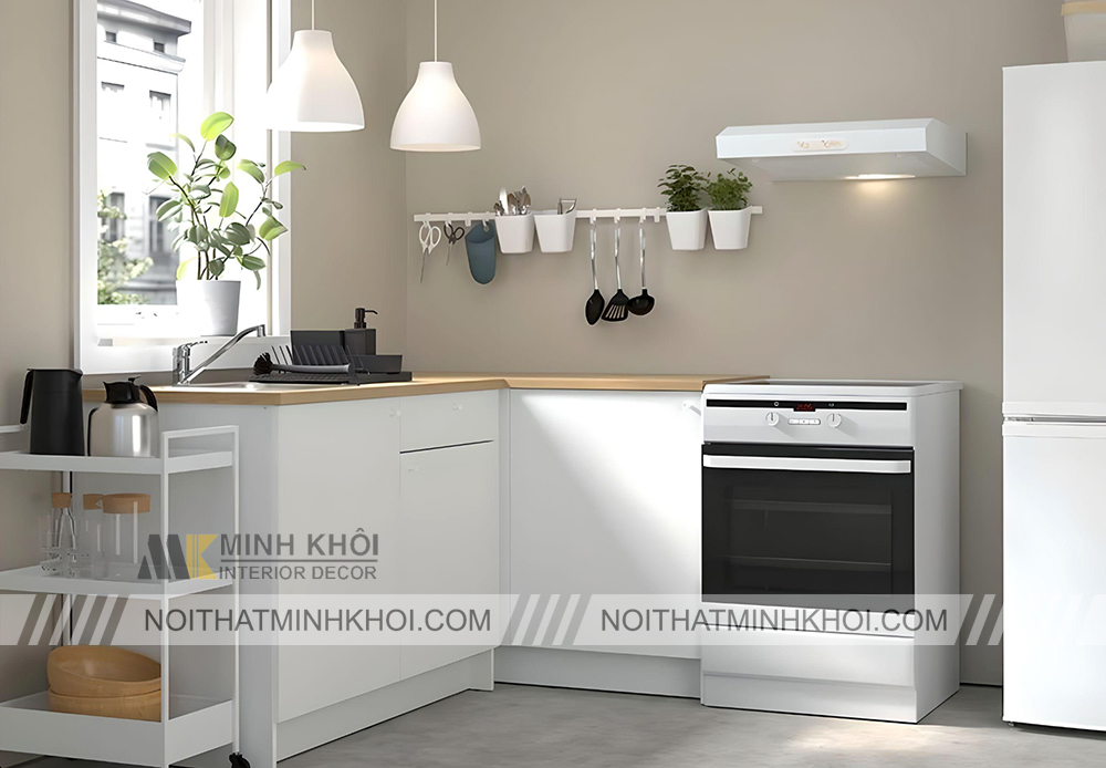 Tủ bếp mini màu trắng sang trọng cho phòng trọ chung cư