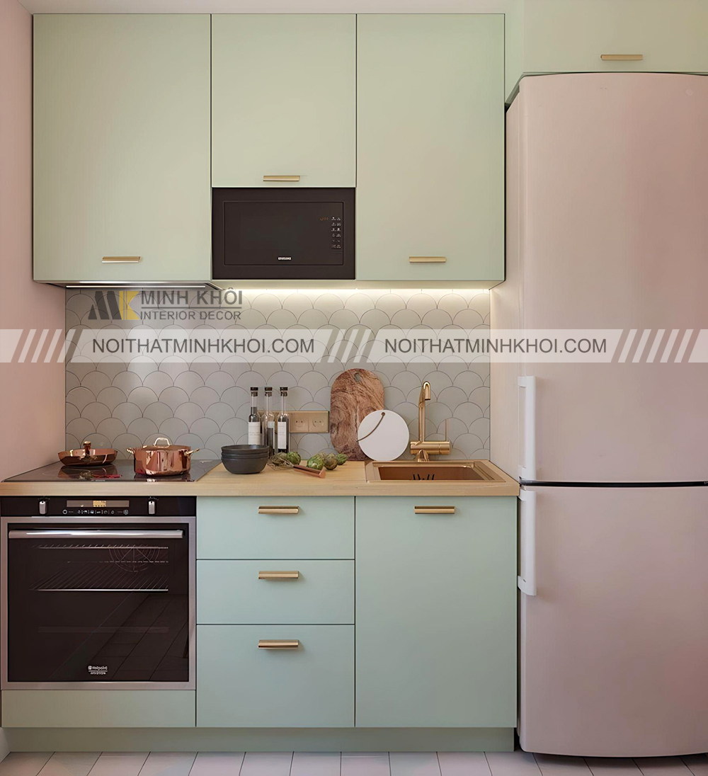 Tủ bếp mini màu xanh trẻ trung dễ thương