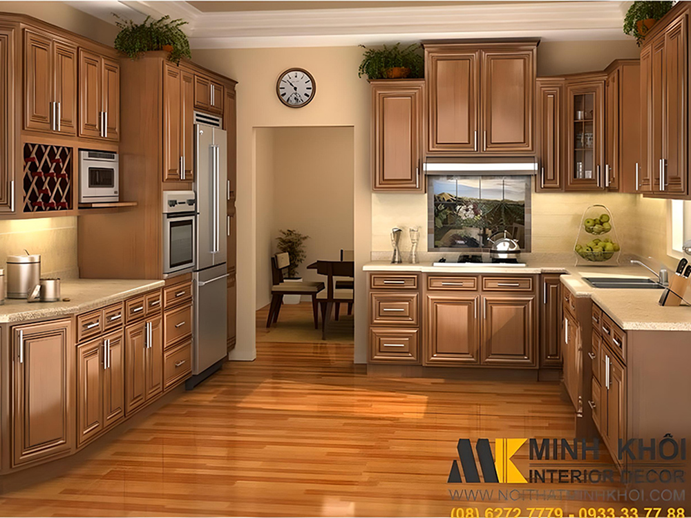 Tủ bếp tân cổ điển chất liệu gỗ tự nhiên