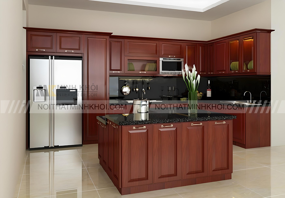 Tủ bếp tân cổ điển kết hợp đảo bếp