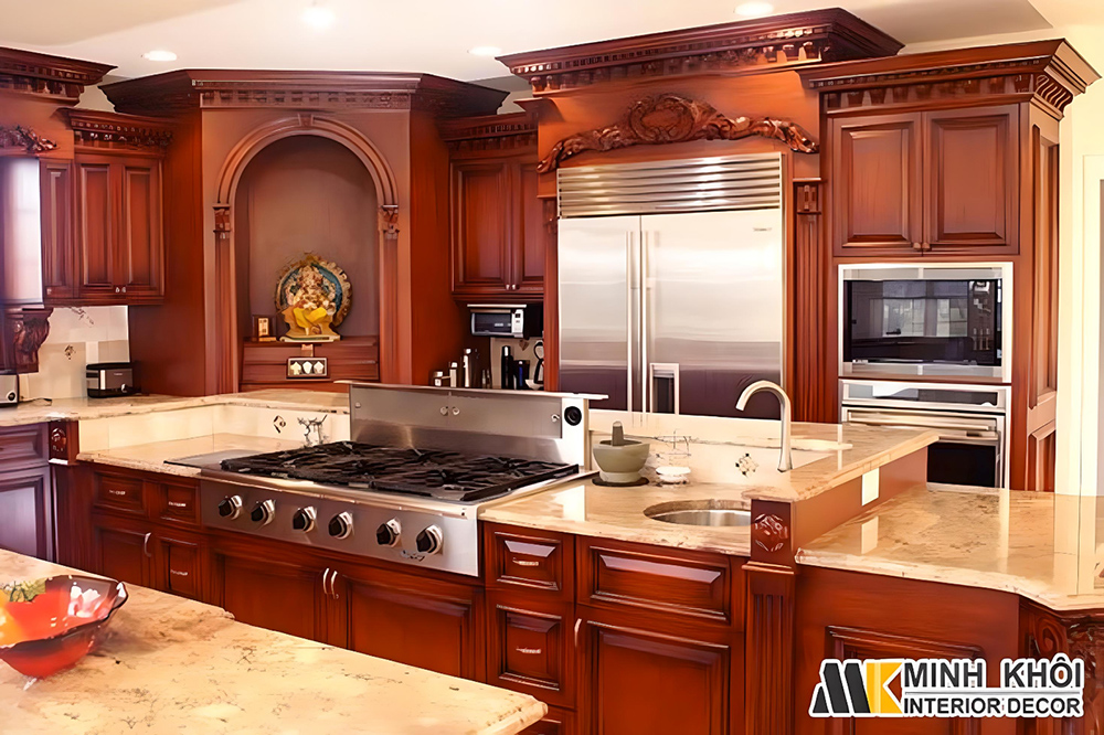 Tủ bếp tân cổ điển tích hợp các thiết bị hiện đại