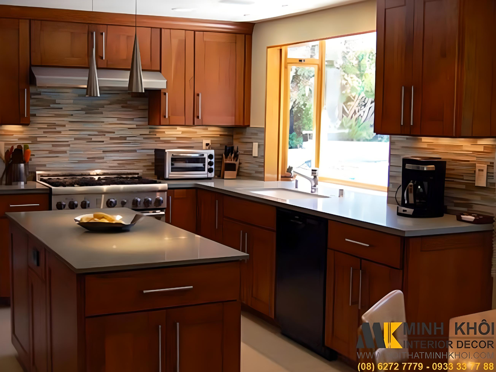 Tủ Bếp Có Cửa Sổ Góc Chử L Gỗ Căm Xe TB2428