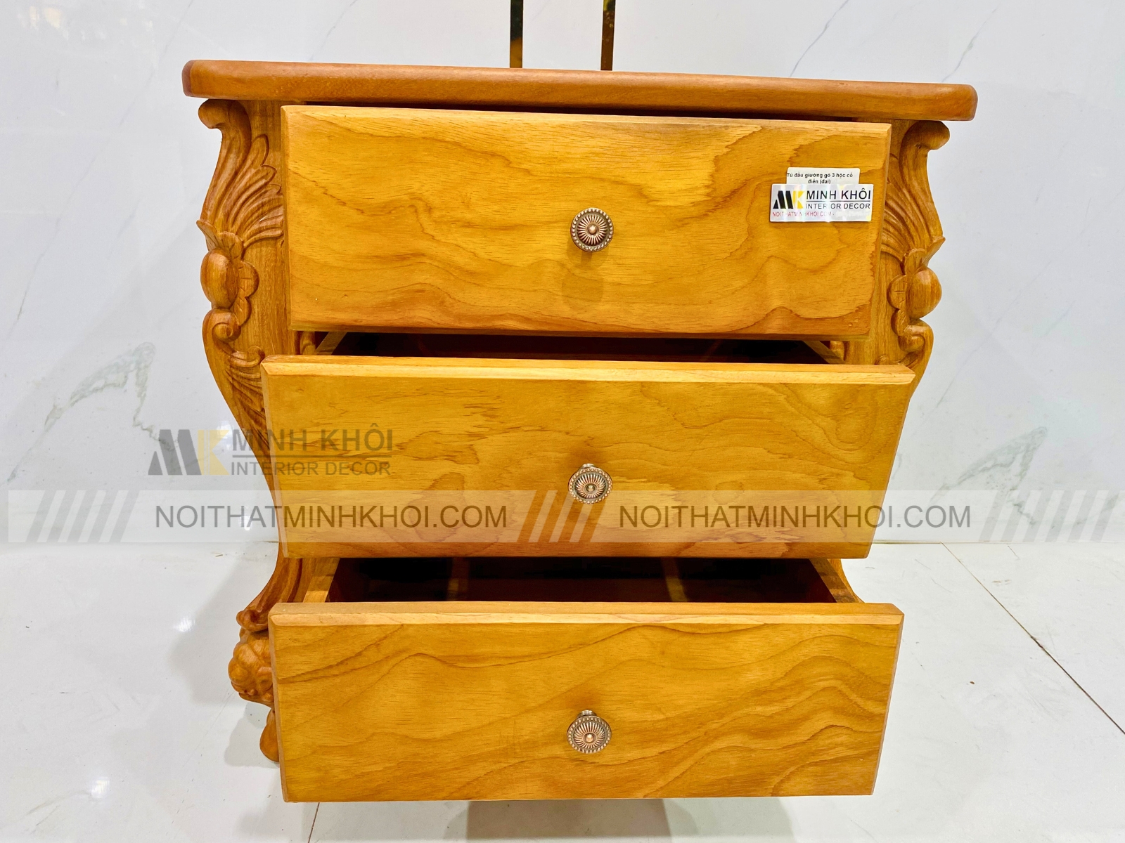 Tủ Đầu Giường Gõ Đỏ Tân Cổ Điển 3 Hộc - TDG230