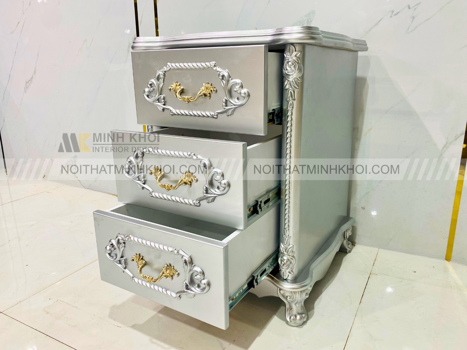 Tủ Đầu Giường MDF Sơn Nhũ Bạc Cao Cấp - TDG019