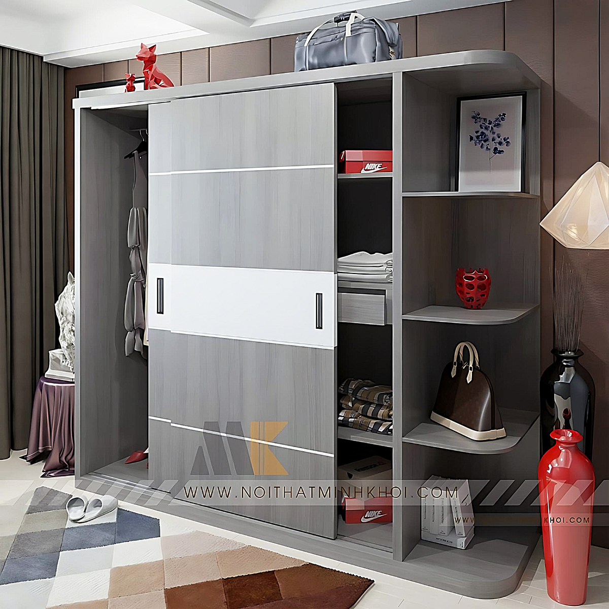 Tủ Đựng Quần Áo Cửa Lùa Có Kệ Trang Trí - TA664