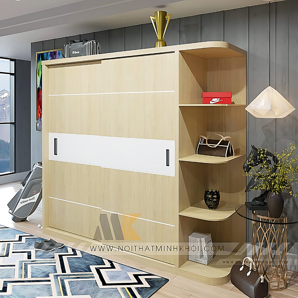 Tủ Đựng Quần Áo Cửa Lùa MDF Kệ Trang Trí - TA666