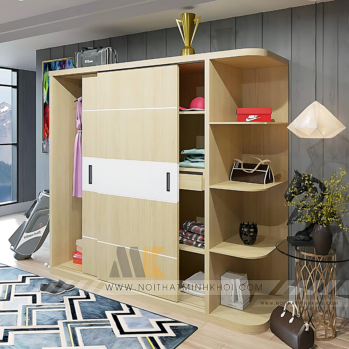 Tủ Đựng Quần Áo Cửa Lùa MDF Kệ Trang Trí - TA666