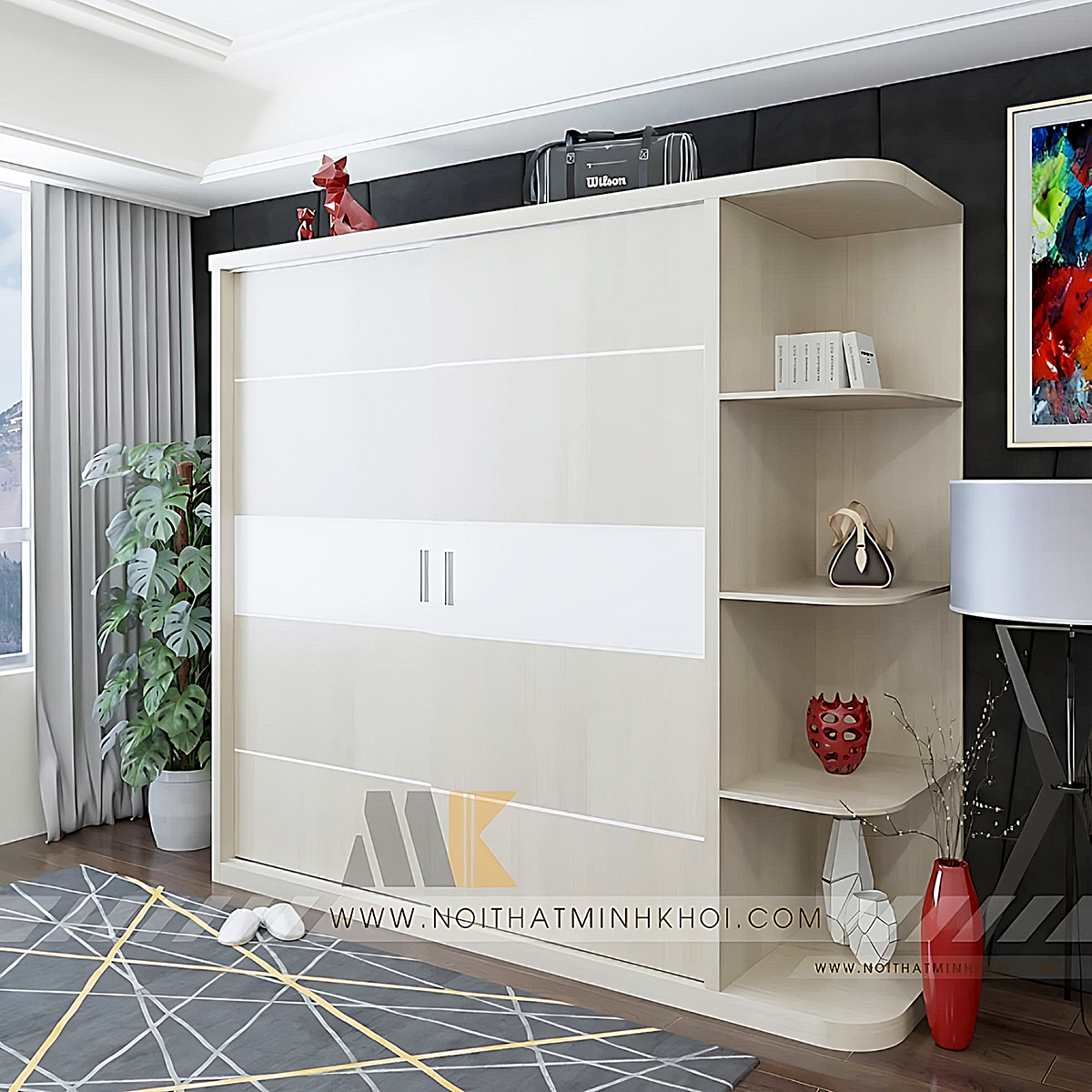 Tủ Đựng Quần Áo Đẹp Màu Kem Kệ Trang Trí - TA667