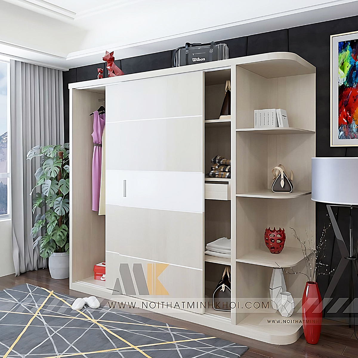 Tủ Đựng Quần Áo Đẹp Màu Kem Kệ Trang Trí - TA667