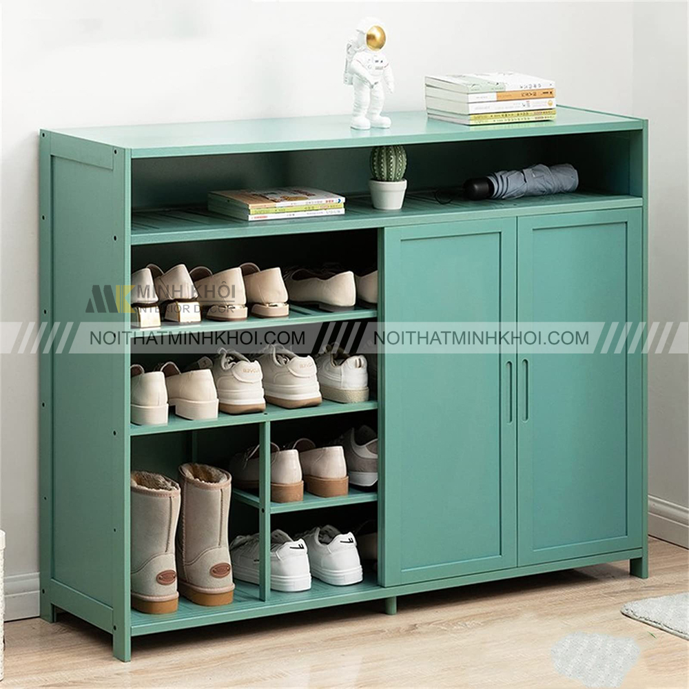 Tủ giày cửa lùa nhiều tầng màu xanh vintage