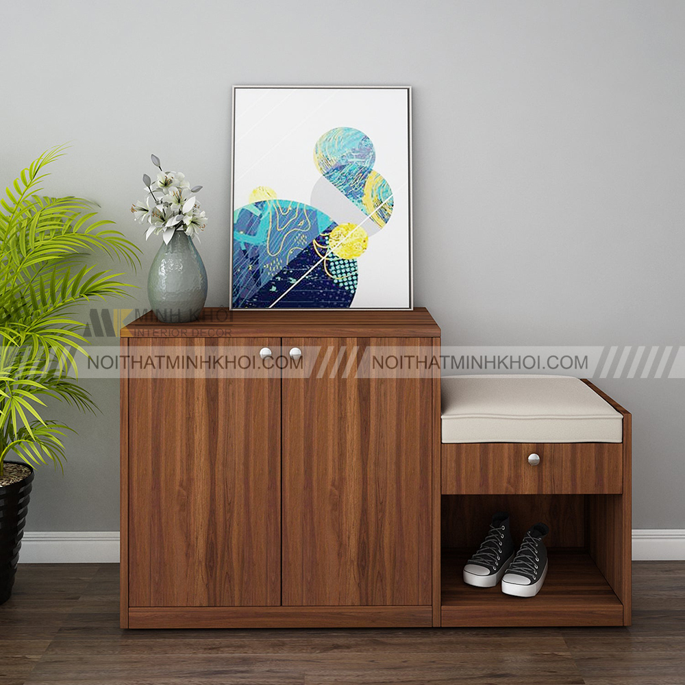 Tủ giày kết hợp ghế ngồi và kệ decor đẹp hiện đại