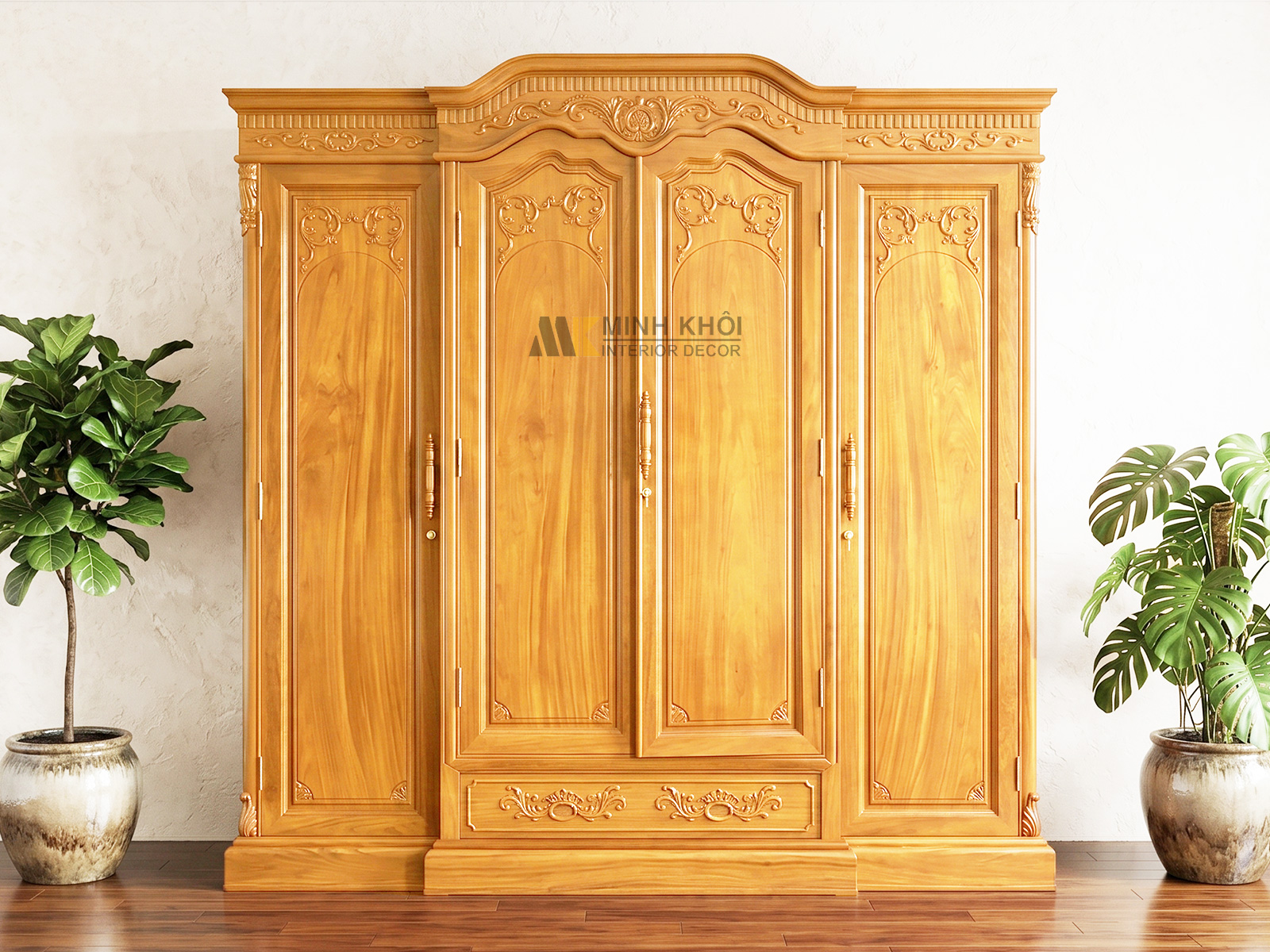 Tủ Gõ Đỏ 4 Cánh Chạm Hoa Văn - TA135
