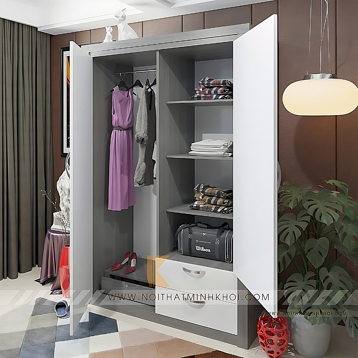 Tủ Quần Áo 2 Cánh Hiện Đại Xám Trắng - TA642