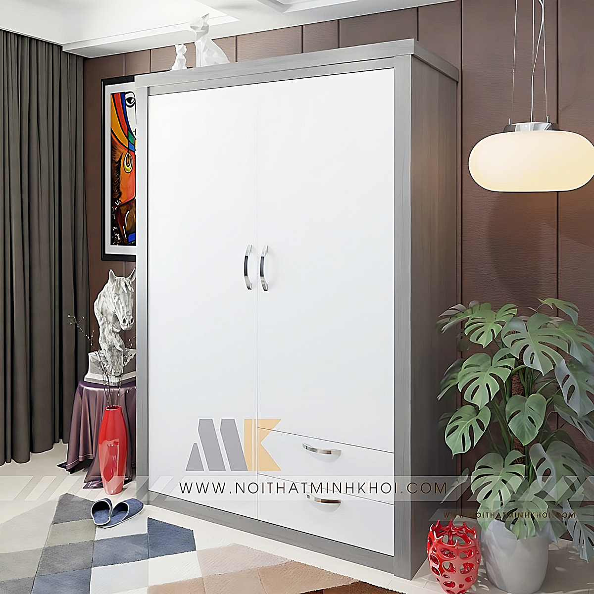 Tủ Quần Áo 2 Cánh Hiện Đại Xám Trắng - TA642