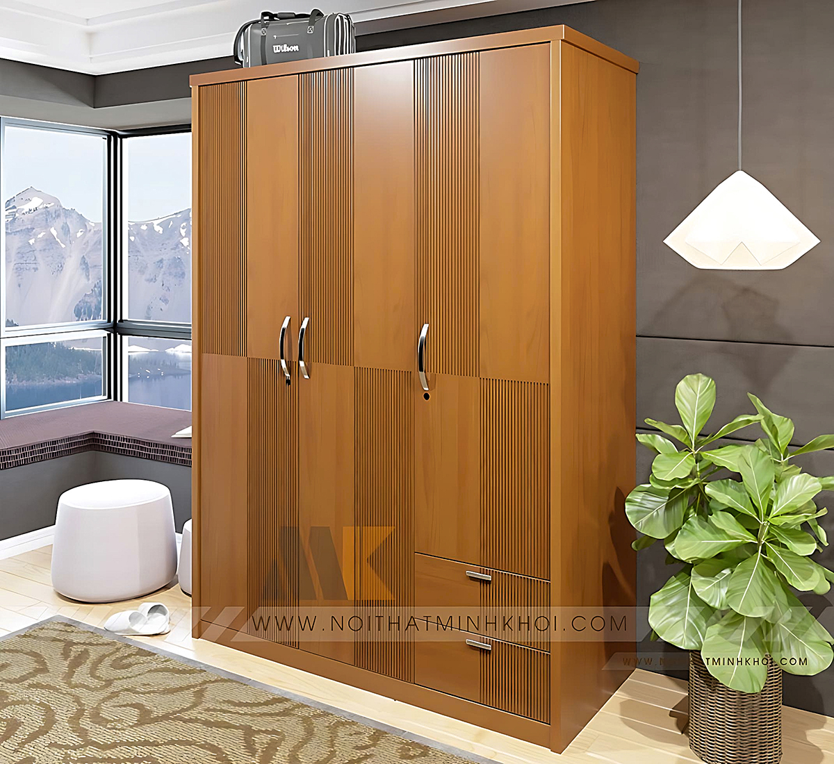 Tủ Quần Áo 3 Cánh Màu Gỗ Xoan Đào Có Hộc Kéo - TA648