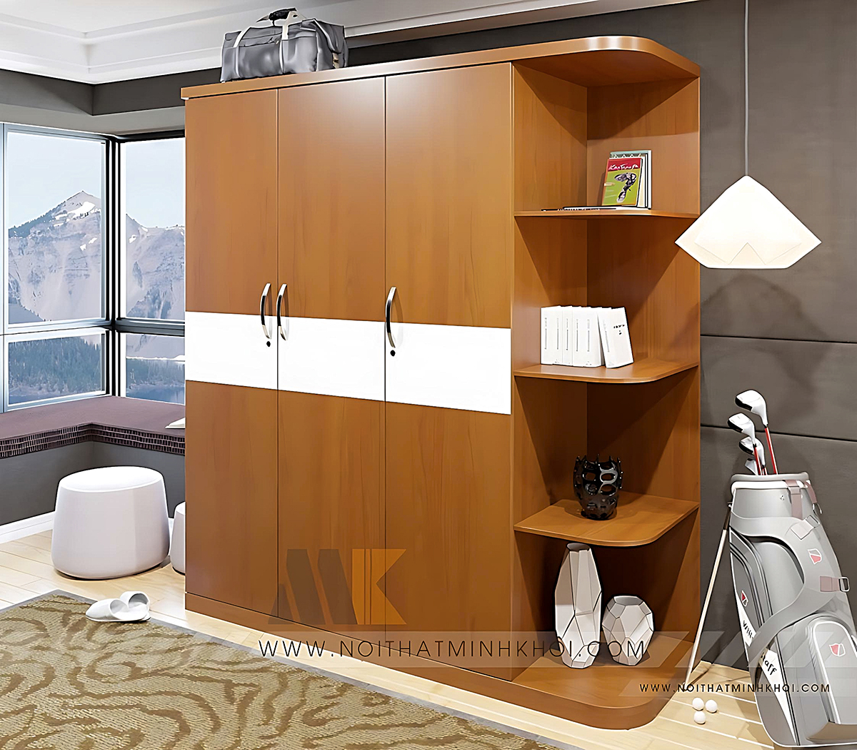 Tủ Quần Áo 3 Cánh Màu Xoan Đào Có Kệ - TA633