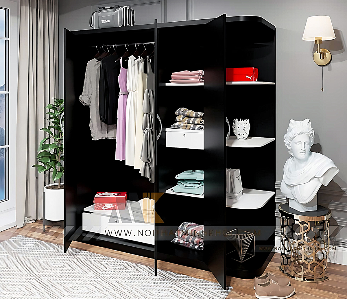 Tủ Quần Áo 3 Cánh MDF Sang Trọng Màu Đen - TA638