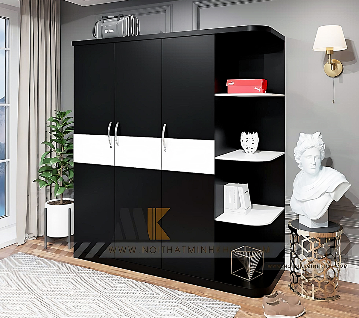 Tủ Quần Áo 3 Cánh MDF Sang Trọng Màu Đen - TA638