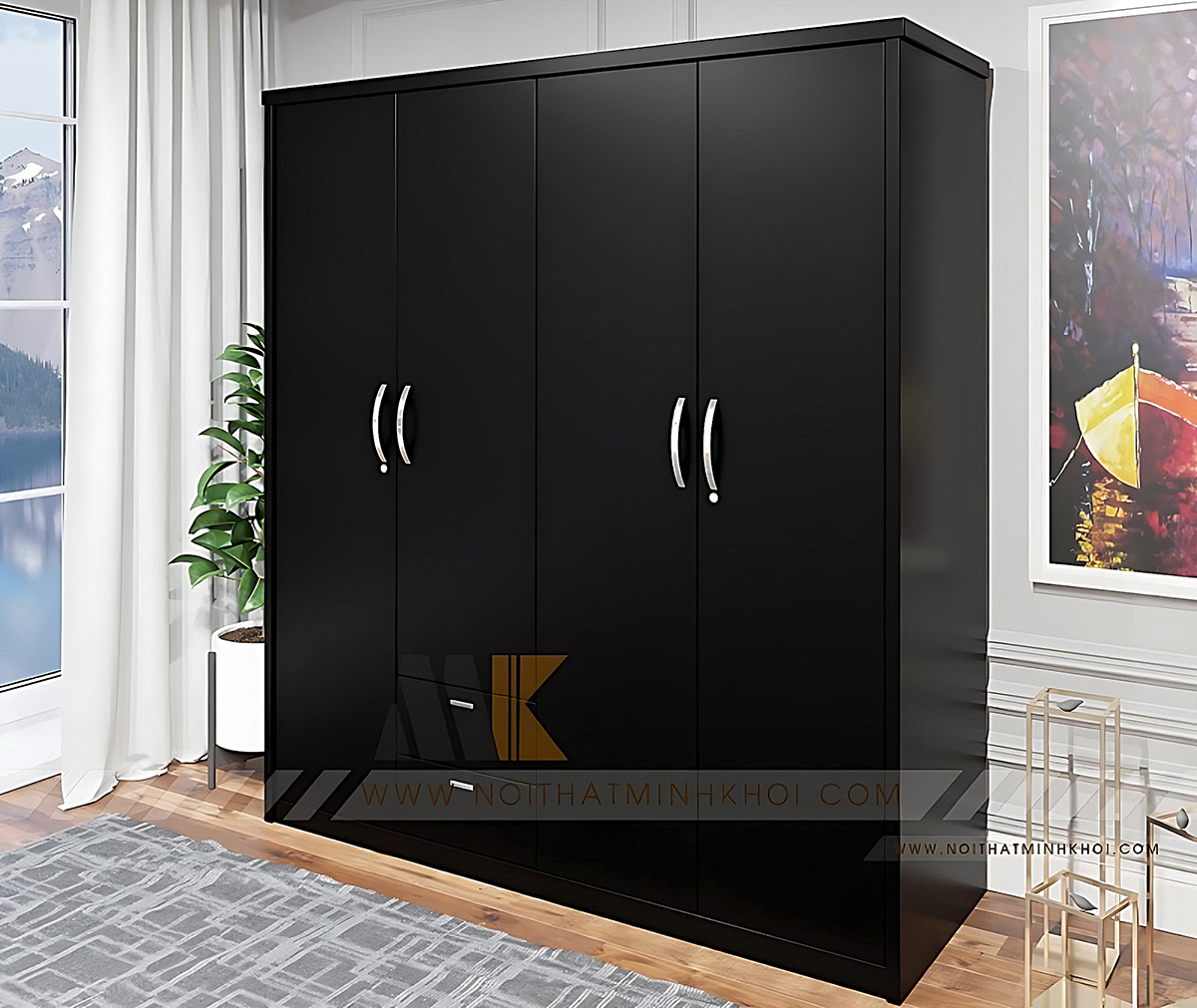 Tủ Quần Áo 4 Cánh Có Hộc Kéo Màu Đen - TA617