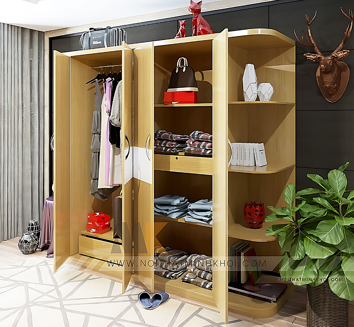 Tủ Quần Áo 4 Cánh MDF Có Kệ Trang Trí Cao Cấp - TA640