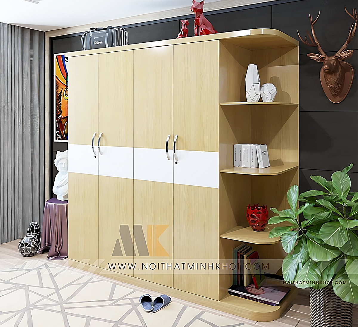 Tủ Quần Áo 4 Cánh MDF Có Kệ Trang Trí Cao Cấp - TA640